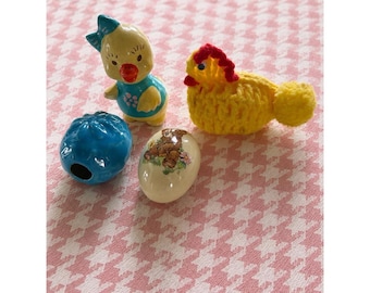 Easter Spring Decor Lot of 4 Ceramic Chick Crochet Hen Teddy Bear Blue Egg Farm