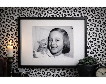 B&W Girl Kitten Psycho Cat No Teeth Photo Framed Creepy Cute Odd Decor 17x13 Vtg