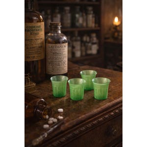 Peut inclure: Quatre petits verres verts translucides sont posés sur une surface en bois sombre. Derrière, des flacons de médicaments anciens avec des étiquettes vieillies. La scène évoque une ambiance d'apothicaire ou de médecine vintage.