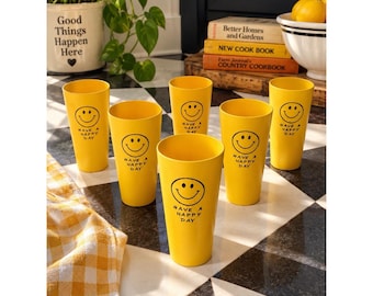Vintage 1972 Smiley Face Becher Set 6 Have A Happy Day Gelbe Plastikbecher