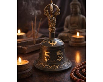 tibetan buddhist prayer bell ghanta vajra handle brass ritual meditation yoga