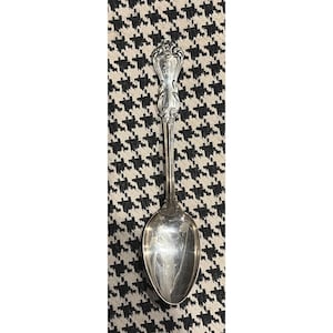 Puede incluir: Una cuchara de plata con un mango adornado y un cuenco grande y ovalado. La cuchara se coloca sobre un fondo de patrón de pata de gallo en blanco y negro. El mango presenta un diseño decorativo.