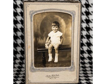 Child Portrait Photo Cabinet Card Bronx NY Chester Studio Toddler Boy Toy Antiqu