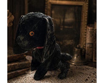 Gund Creations Black Dog Plush Spaniel Glass Eyes MCM Stuffed Animal Red Collar