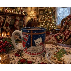 Christmas White Kitty Cats VTG Potpourri Press Coffee Mug Cup 1990 Kitsch Granny