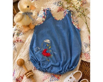 baby romper chambray denim embroidered duck handmade bubble infant 3-9 Months ?
