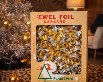 Guirnalda de láminas de joyería doradas y plateadas para decoración de árbol de Navidad, 9 metros, caja estilo mediados de siglo, vintage.