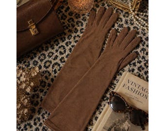 Guantes largos de gamuza marrón Hansen Complexion, talla ópera, 7, para mujer, estilo vintage de los años 50/60.
