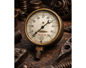 Manômetro vintage U.S. Gauge Co NY 0–50 PSI de 2" em latão estilo steampunk industrial