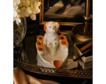 Cendrier en porcelaine blanc orange kitsch VTG pour chien, capacité 6 cigarettes, Japon des années 40