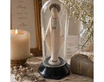 Estatua de la Virgen María con cúpula, hecha en Italia, figura católica de 7.5 pulgadas, religiosa, vintage.