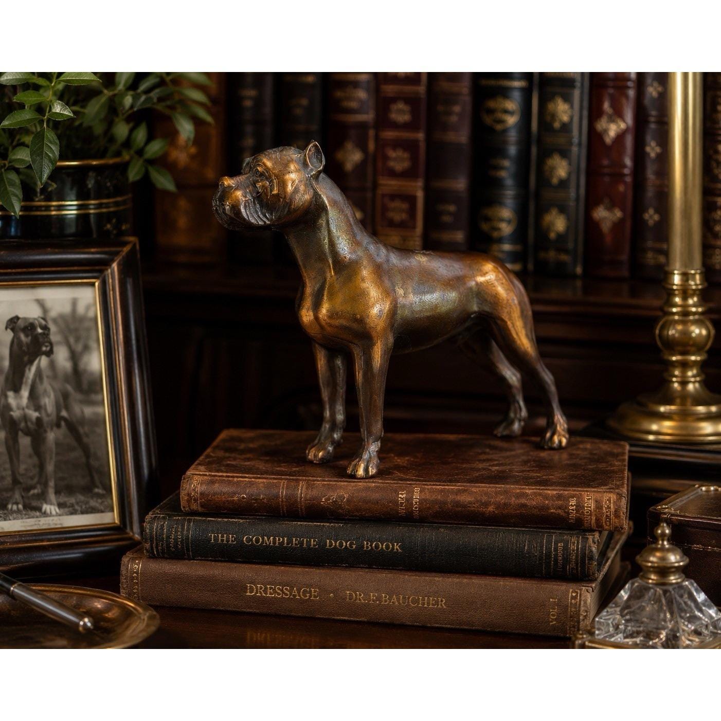 Vintage Boxer Dog Cast Metal Bronze Finish Statue Sculpture c1930s-1950s