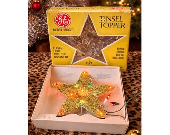 GE Merry Midget Tinsel Topper Star Lighted Tree Top Ornament Box Works Vintage