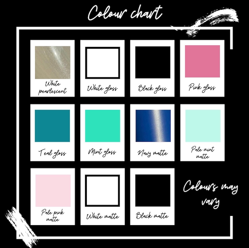 Puede incluir: Carta de colores que muestra 12 opciones de color diferentes para un producto. Los colores incluyen blanco perlado, blanco brillante, negro brillante, rosa brillante, verde azulado brillante, menta brillante, azul marino mate, menta p&aacute;lido mate, rosa p&aacute;lido mate, blanco mate y negro mate. El texto "Los colores pueden variar" tambi&eacute;n est&aacute; incluido.