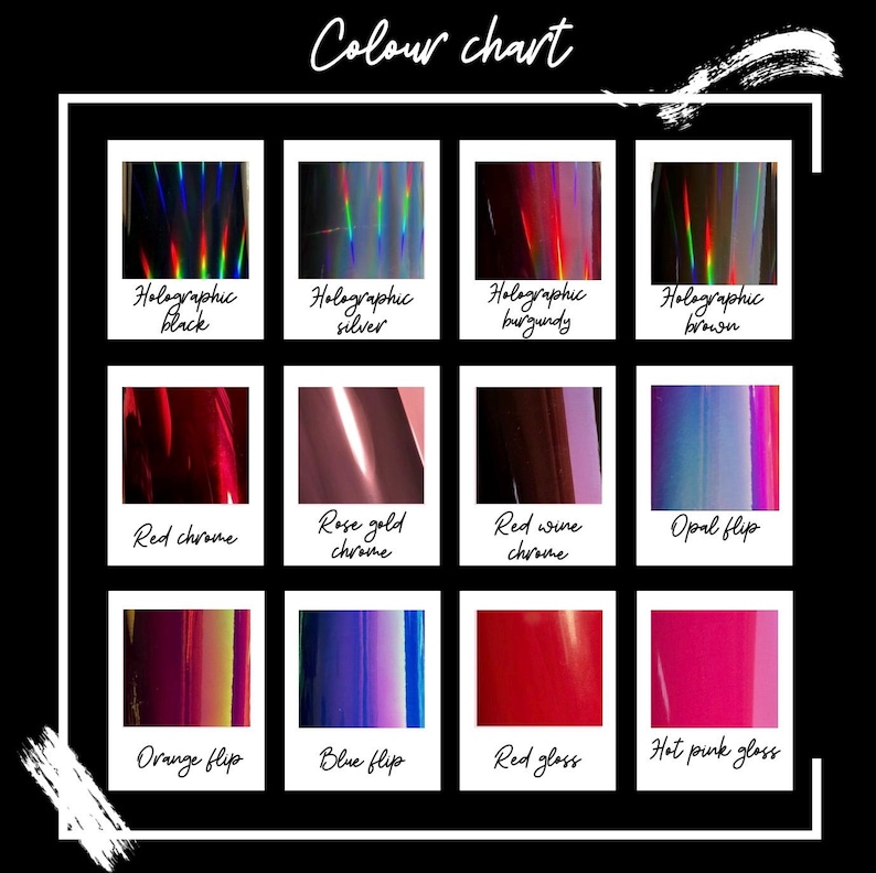 Puede incluir: Carta de colores que muestra 12 acabados hologr&aacute;ficos y brillantes diferentes para el esmalte de u&ntilde;as. Los acabados incluyen negro hologr&aacute;fico, plateado, burdeos, marr&oacute;n, cromo rojo, cromo oro rosa, cromo vino tinto, flip &oacute;palo, flip naranja, flip azul, brillo rojo y brillo rosa intenso.