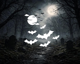 Flying Bat Moon vinyl decal, Spooky Halloween autosticker, gotische raamsticker, Witchy esthetiek, waterdicht vinyl voor auto, laptop of fles