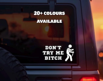 Op de afbeelding: Een witte vinylsticker op een voertuigruit met de tekst 20+ COLOURS AVAILABLE en DON'T TRY ME BITCH, naast een afbeelding van een stokfiguur die een mes vasthoudt. Het ontwerp is uitgevoerd in een vetgedrukt, wit bloklettertype.