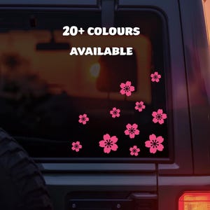Può includere: Adesivi di fiori di ciliegio rosa sono esposti sul finestrino di un veicolo. Il testo "20+ COLOURS AVAILABLE" è in bianco. Gli adesivi sono di varie dimensioni e di un vibrante colore rosa.