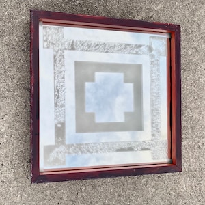 Sandblasted and glue chipped geometric pattered mirror, handmade and decoratively painted frame,