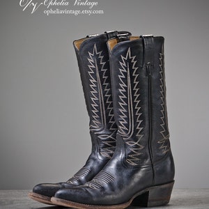Vintage TONY LAMA Texas Made Black Leather Cowboy Cowgirl Boots Size 5 Rodeo Western Wear