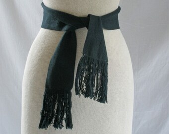Vintage Wide Woven Black Tie Fringe Belt Sash Small Medium Thick Woven Cotton /784