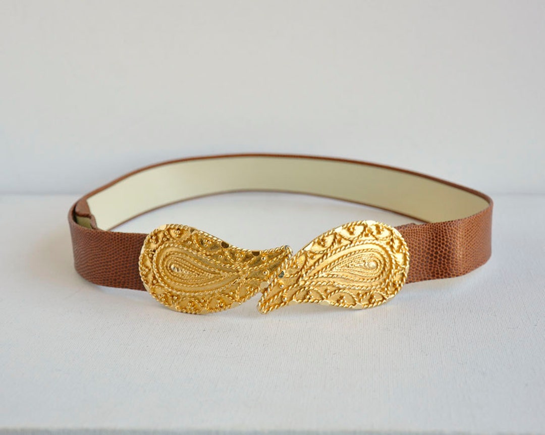 Gold Paisley Brown Snakeskin Faux Leather Hook Belt Size Medium