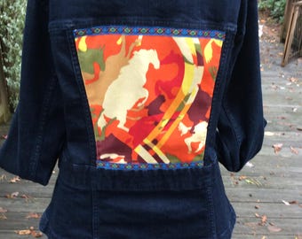 Denim Jean Jacket: Equestrian Horse Design, Embellished Cuffs (Large)