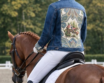 Denim Jacket Custom made Equestrian, English Rider Design, Embellished Cuffs back and collar