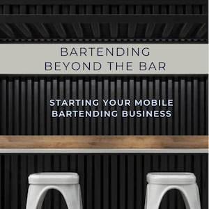 May include: Image features the text "BARTENDING BEYOND THE BAR" and "STARTING YOUR MOBILE BARTENDING BUSINESS." Two white metal stools are in front of a black slatted wall. The words "PRESENTED BY RAISE THE BAR MOBILE" are at the bottom.