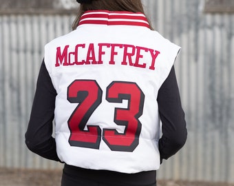 RTS #23 McCaffrey 49ers CMC Cropped Jersey Puffer Vest- Women's SZ S/M