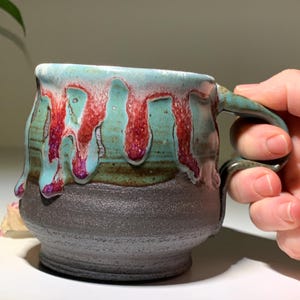 Handmade Japanese Large Black Clay Mug with Red, Green White Drip Glaze