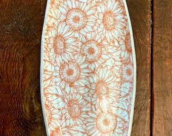 Handmade Sunflower Ceramic Serving Dish: Blue Glaze Pottery Tray