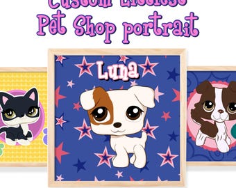 May include: Three framed illustrations of cartoon pets with a blue, pink, and yellow background. The center illustration features a white dog with brown spots and the name "Luna" in pink letters.