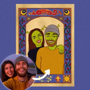 Retrato personalizado inspirado en Shrek, dibujo de pareja de ogros, encargo divertido para la familia, ilustración de dibujos animados, aniversario, cumpleaños, regalo de San Valentín