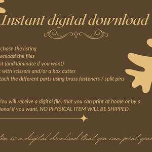 May include: A brown digital download graphic with instructions. Text includes "Instant digital download" and steps for printing and assembly. The background is a solid brown with decorative leaf shapes and star accents.