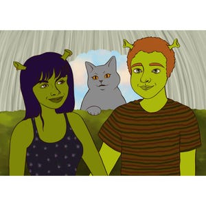 Green Monster Style Family Portrait - Hd printable digital file - Shrek inspired custom cartoon portrait, couple ogre drawing, Birthday gift