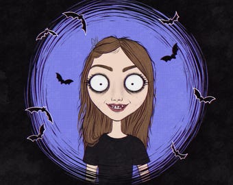 Halloween Wall Decorations - Digital Download - Custom Gothic children Portrait with Pets - Tim Burton Style Portrait - Nightmare Portrait
