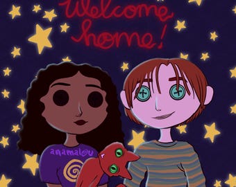 Personalized Coraline Inspired Portrait Illustration, Digital Print, Birthday gift, anniversary, Halloween, Hand-drawn, couple portrait
