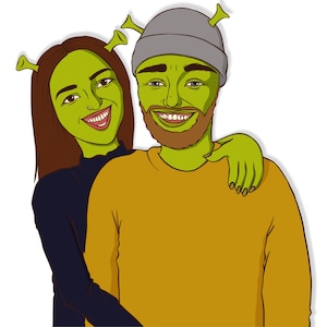 Door Shrek geïnspireerd gepersonaliseerd portret, paar ogre-tekening, grappig familiecadeau, cartoonillustratie, jubileum, verjaardag, valentijnscadeau