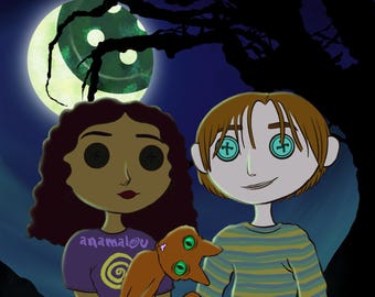 Custom Coraline Inspired Portrait Illustration, Digital Print, Birthday gift, anniversary, Halloween, Hand-drawn, family portrait, spooky