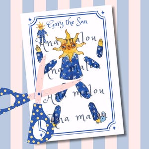 May include: A whimsical paper doll featuring "Gary the Sun" with a sun face and star-patterned pajamas. The illustration includes a small doll, arms, and legs, all designed to be cut out. A pair of scissors with blue polka dots is in the foreground.