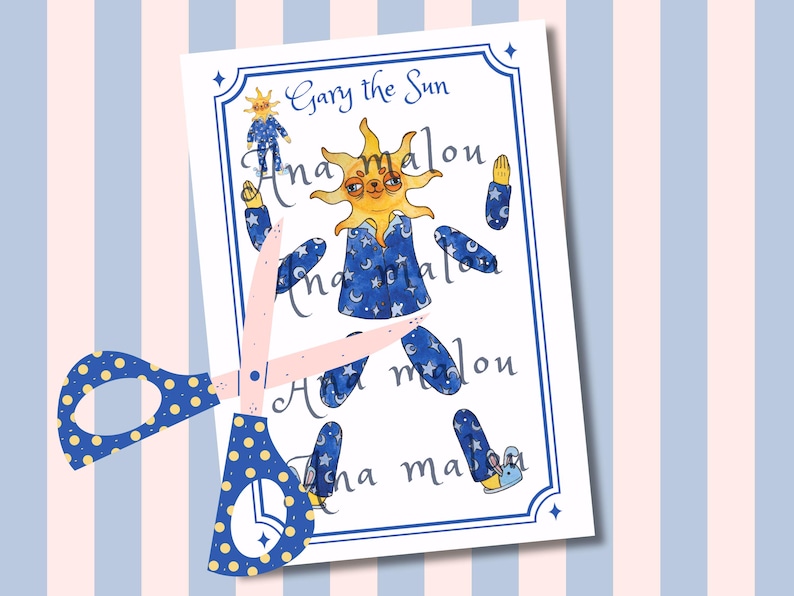 May include: A whimsical paper doll featuring "Gary the Sun" with a sun face and star-patterned pajamas. The illustration includes a small doll, arms, and legs, all designed to be cut out. A pair of scissors with blue polka dots is in the foreground.