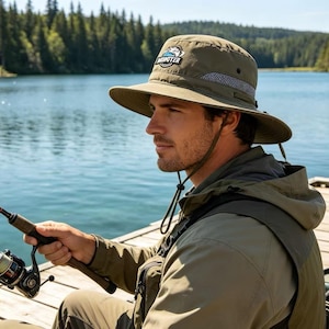Peut inclure: Un chapeau de pêcheur vert olive à larges bords, doté d'une bande de ventilation en maille et d'une mentonnière réglable. L'avant du chapeau présente un écusson circulaire avec le texte "MONSTER" en lettres grasses au-dessus d'un poisson.