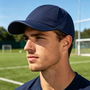 May include: A solid navy blue baseball cap featuring a structured six-panel design with a curved brim and a smooth, lightweight fabric finish. The cap includes side panels with a subtle textured pattern and a matching navy blue top button.