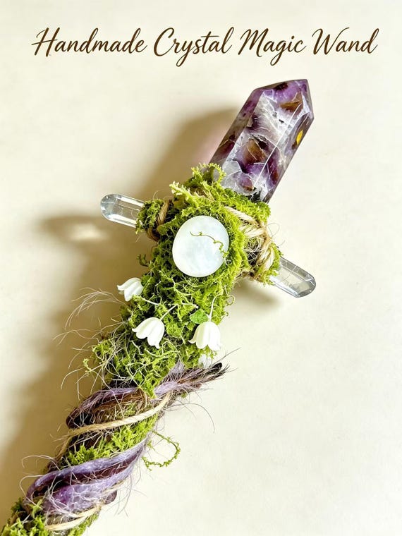 Handcrafted Crystal Wand Amethyst Moonstone Moss Wand Spiritual Healing Gift