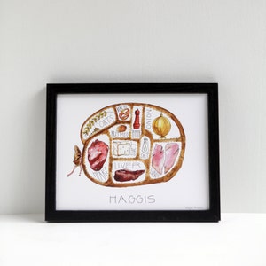 May include: A framed watercolor print of haggis ingredients, including heart, liver, lungs, oats, and spices. The print is in a black frame and features the word "Haggis" at the bottom.