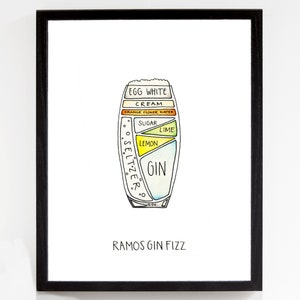May include: A framed art print featuring a watercolor illustration of a Ramos Gin Fizz cocktail. The ingredients, including egg white, cream, and gin, are labeled within the glass. The text "RAMOS GIN FIZZ" is at the bottom.