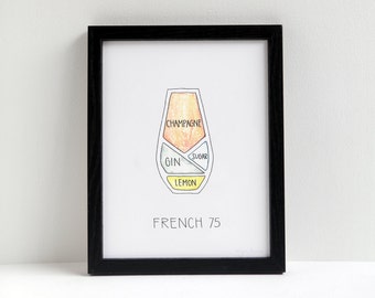 French 75 Cocktail Diagram - Watercolor Art Print - Bar Art