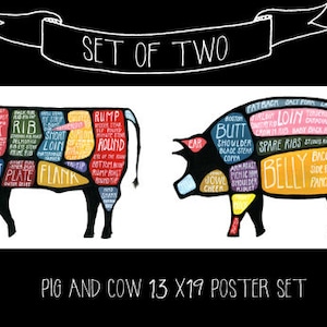May include: A set of two posters, one featuring a cow and the other a pig, each with labeled cuts of meat. The posters are 13 x 19 inches and have a black and white design with colorful labels.