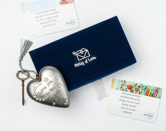 Celebrate a Birthday with Notes of Love™ Birthday Gift Box - 30 curated notes, a beautiful sculpted Heart keepsake, all in a blue velvet box